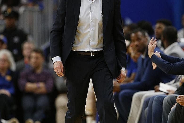 Golden State Warriors head coach Steve Kerr disputing a decision against his team during their 100-79 loss to the Sacramento Kings in San Francisco on Sunday. The Warriors, who reached the last five NBA Finals and won three, are bottom of the league 