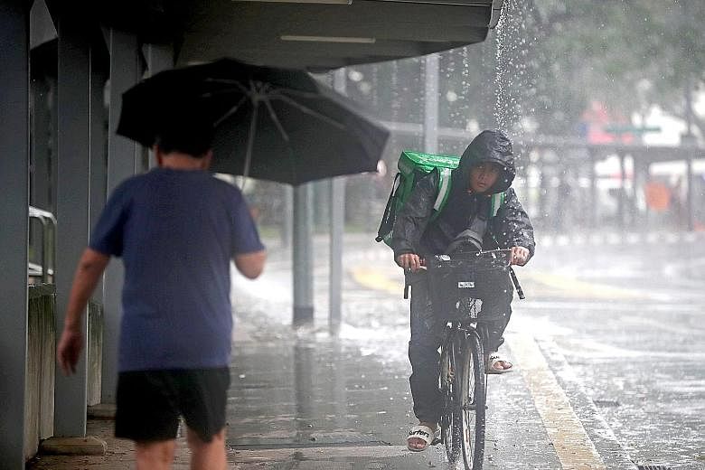 A food delivery rider undeterred by the downpour in Toa Payoh yesterday. Moderate to heavy thundery showers are expected in the afternoons for the rest of the month. Eleven-year-old Rafeeqa Md Azizul Haque loading a dryer at Wonder Wash launderette i