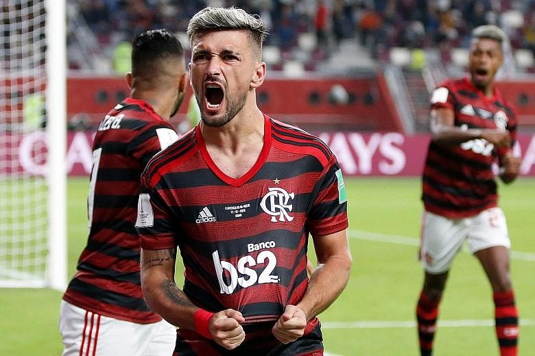 Uruguayan Giorgian de Arrascaeta is ecstatic after equalising for Flamengo against Al Hilal in their Club World Cup semi-final in Doha on Tuesday. The Brazilian side face either Liverpool or Monterrey in Saturday's final. PHOTO: EPA-EFE