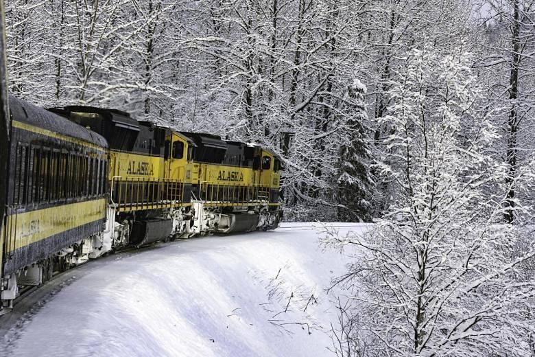In Fairbanks in Alaska, one can (clockwise from top) go dog-sledding, soak in a hot spring or catch the aurora borealis or Northern Lights. Go on a 12-hour journey on Alaska Railroad's Aurora Winter Train to Fairbanks in Alaska and enjoy a magical wi