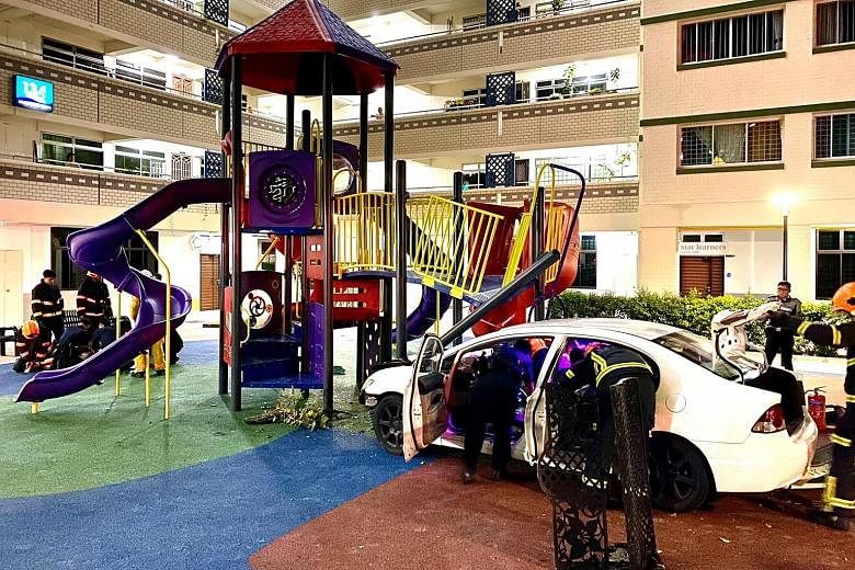 The car after crashing into the playground in Bukit Merah late on Friday night. A 27-year-old man was arrested by police.