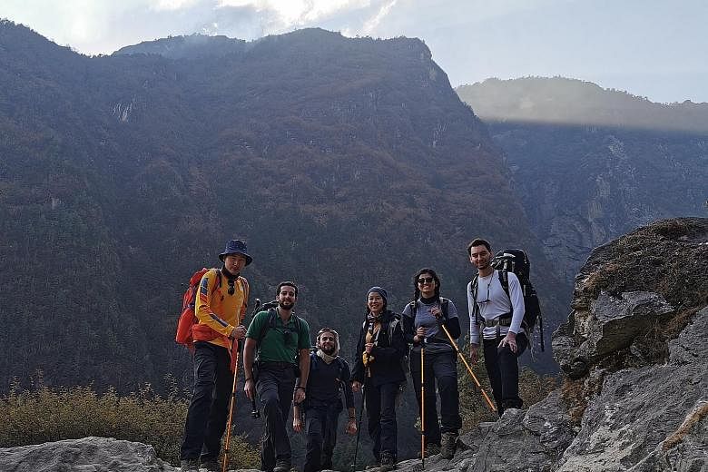 (From left) Mr Mcrid Wang, Mr Enrico Viora, Mr Alhasan Alkaff, Ms Napath Lertpinyopast, Ms Soyena Dhakal and Mr Xavier Janssen on day two of their trek last month to the Mount Everest base camp.