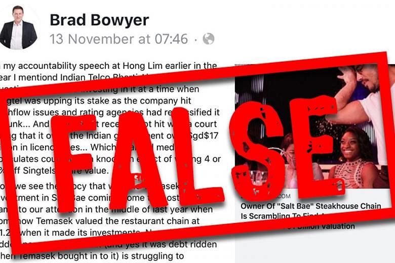 Above: The Protection from Online Falsehoods and Manipulation Bill was passed in May and used for the first time last month, with Progress Singapore Party member Brad Bowyer being asked to correct false statements (left) that he made. PHOTOS: ST FILE