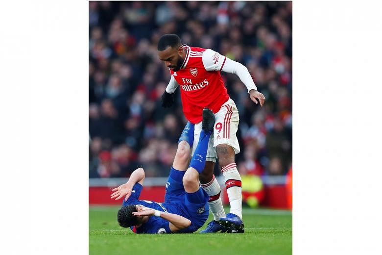 Jorginho getting his feet in a tangle with Arsenal's Alexandre Lacazette, earning him a booking for his trouble. The Italian escaped a second booking for a later foul to score his team's equaliser.
