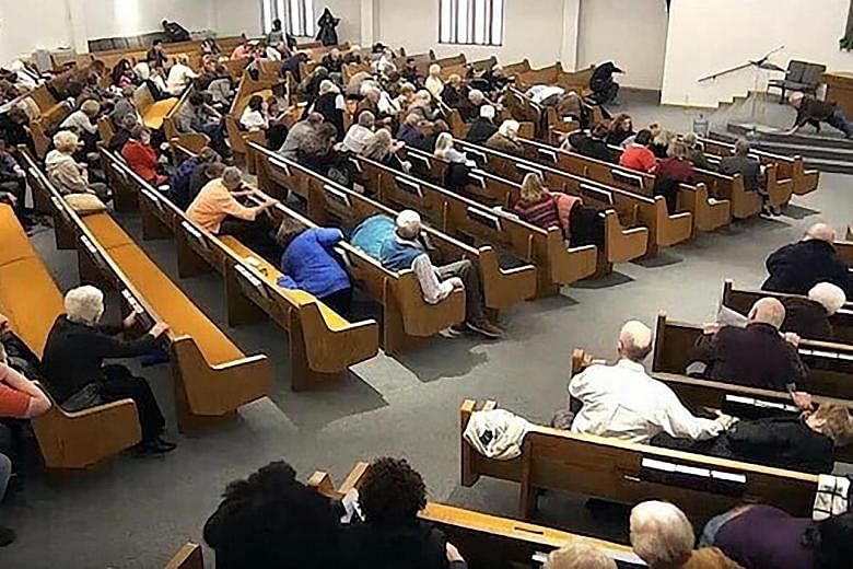 Keith Thomas Kinnunen, the attacker in the Texas shooting, had been arrested before on other gun charges. A still frame from livestreamed video showing churchgoers taking cover while a congregant (top left) engaged a man who opened fire (top centre j