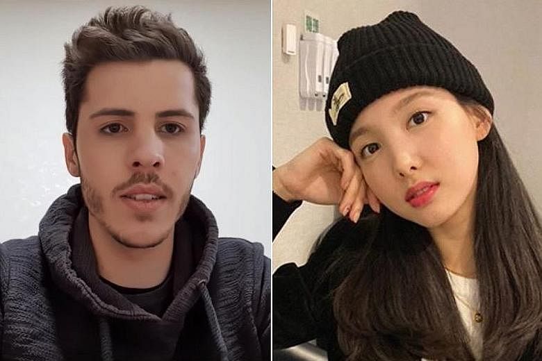 German national Josh (left) was on the same flight as Twice on Wednesday. The girl group, who included Nayeon (right), were flying back to Seoul from Japan after filming a special.