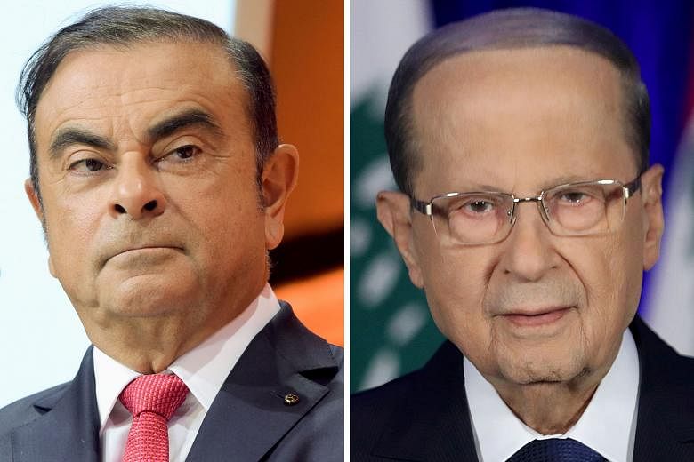 Several media outlets reported that Carlos Ghosn (top) was welcomed home by Lebanese President Michel Aoun (above) on Tuesday, but a senior Lebanese presidency official yesterday denied the two men had met.