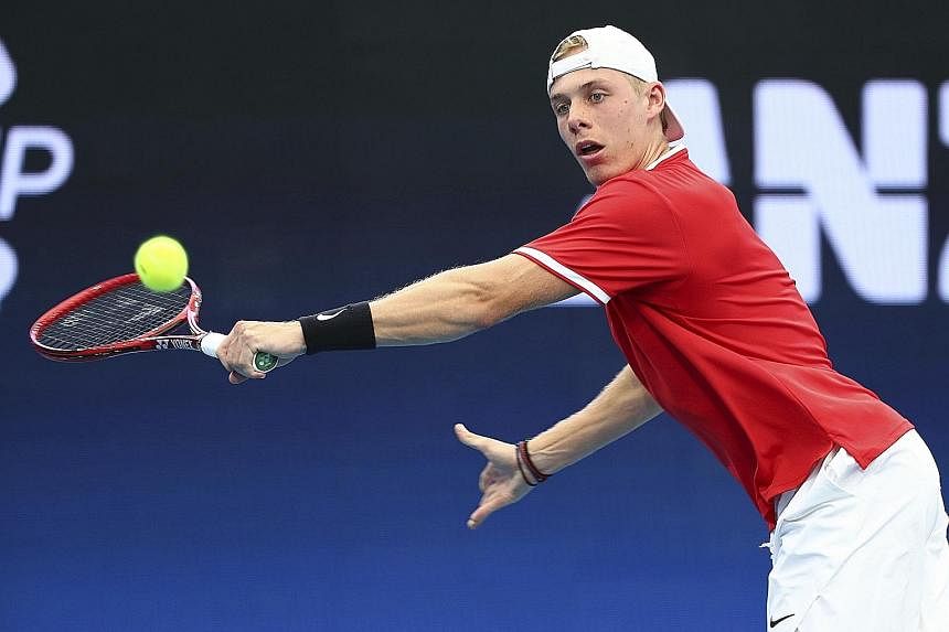 Canada's Denis Shapovalov on his way to a famous victory over Greece's Stefanos Tsitsipas. Canada won 3-0. 
