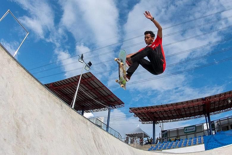 Singapore skateboarder Johan Badiuzzaman Johar training at the SEA Games venue in Tagaytay City, Philippines, last month. He finished ninth in the men's park final. PHOTO: SPORT SINGAPORE