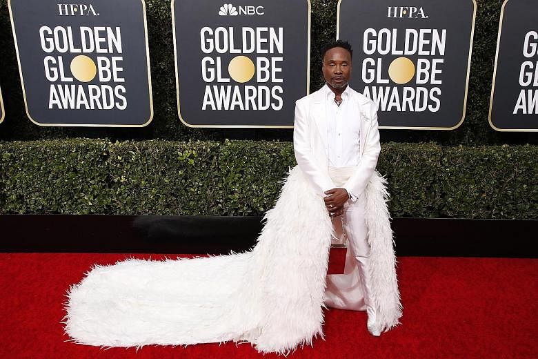 BILLY PORTER (above): The man who turned up for the Oscars in a tuxedo gown brought the magic once more for the Golden Globes in this custom feathered jacket by Alex Vinash, with high-heeled boots from Jimmy Choo. Porter, the lead star of Pose, looke