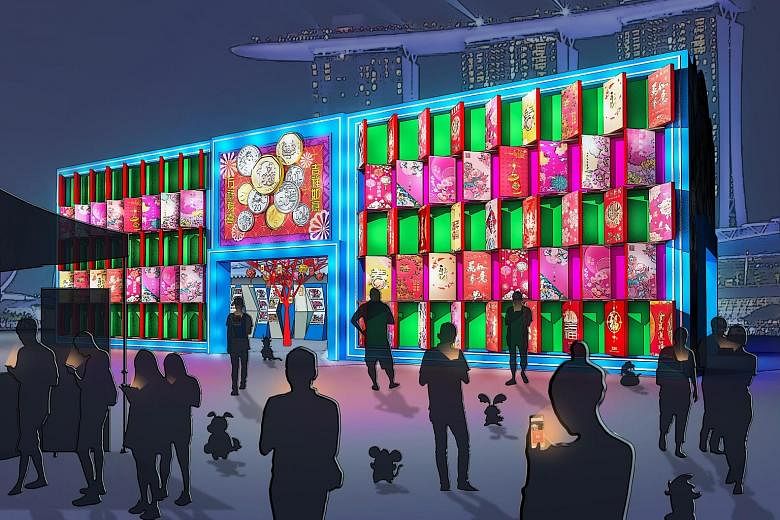 An artist's impressions of #HuntYourZodiac, an augmented reality game that visitors can play at River Hongbao 2020 on their mobile devices (above) and a lantern structure (left) made of POSB and DBS red packets.