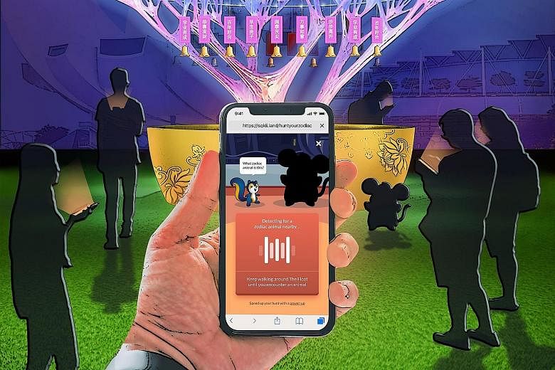 An artist's impressions of #HuntYourZodiac, an augmented reality game that visitors can play at River Hongbao 2020 on their mobile devices (above) and a lantern structure (left) made of POSB and DBS red packets.