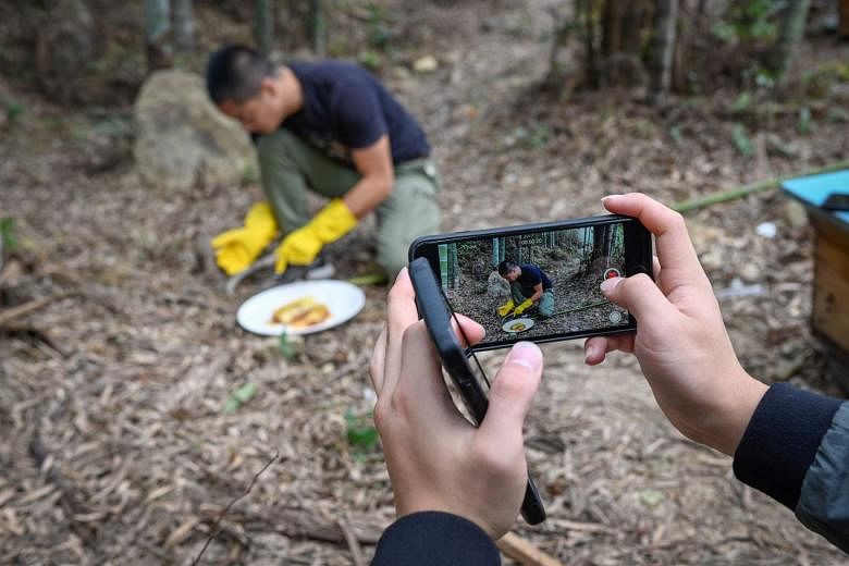 Farmer Ma Gongzuo working while being filmed on a smartphone. Such videos enable Chinese consumers to see how their products are made and have helped farmers out of poverty. 