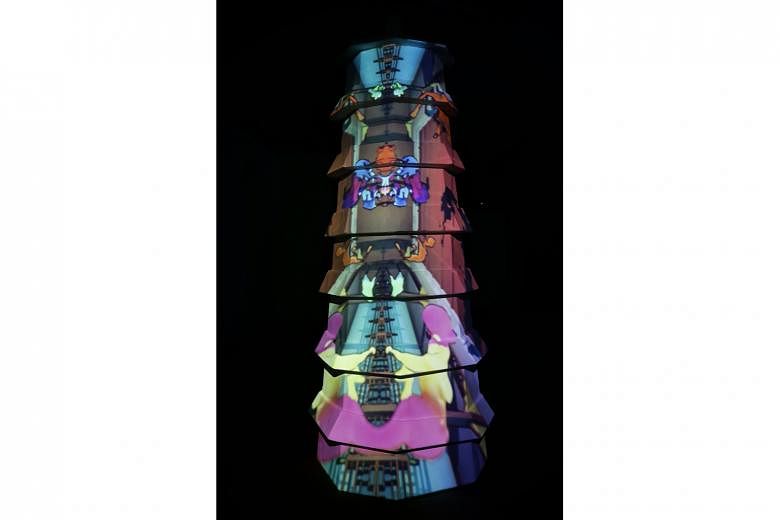 American artist Race Krehel’s projection mapping for a pagoda installation designed by Japanese artist Taketo Kobayashi.