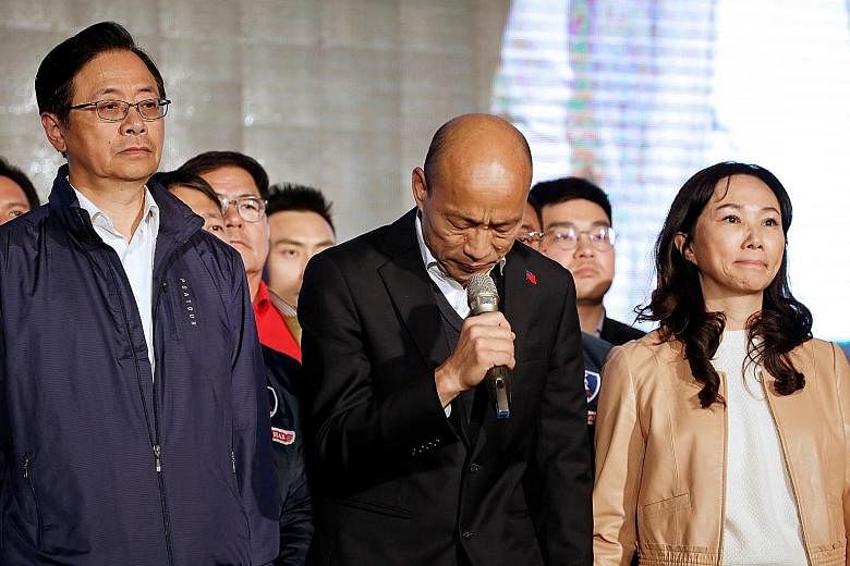Kuomintang presidential candidate Han Kuo-yu conceding defeat in the presidential election in Kaohsiung yesterday. Mr Han won 5.52 million votes, or about 39 per cent.