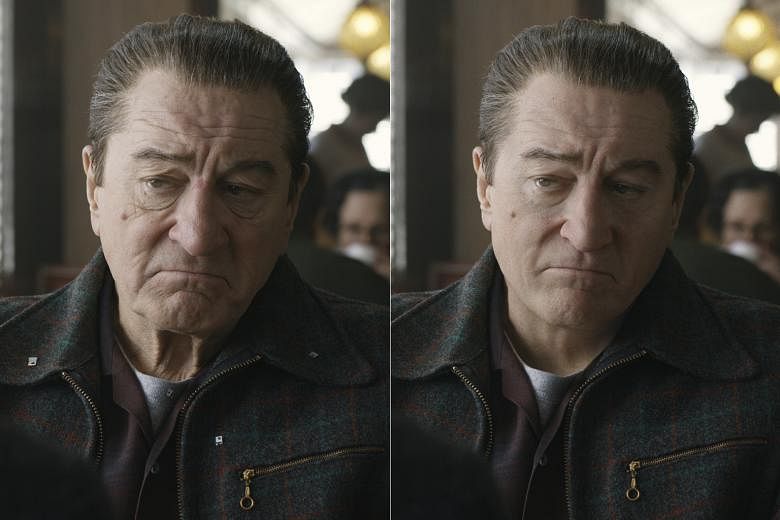Actor Robert De Niro’s original (left) and de-aged faces. The effect was achieved with the use of a unique “three-headed” camera rig. 