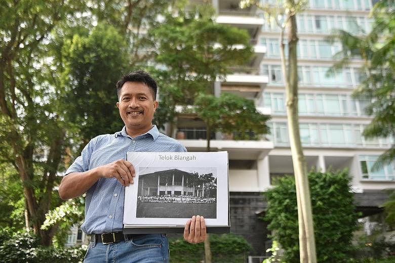 Heritage researcher Sarafian Salleh holding an undated picture of Istana Engku Khalid when Radin Mas Primary School was operating out of it. The Pearl@Mount Faber condominium now occupies the spot. Mr Sarafian learnt that Singapore was once home to a