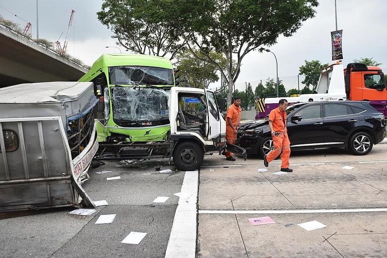 This road accident involving an SBS Transit bus, a lorry and a car left two passengers injured yesterday. They were taken to hospital after the accident at the junction of Braddell Road and Bishan Road. The Singapore Civil Defence Force and police we