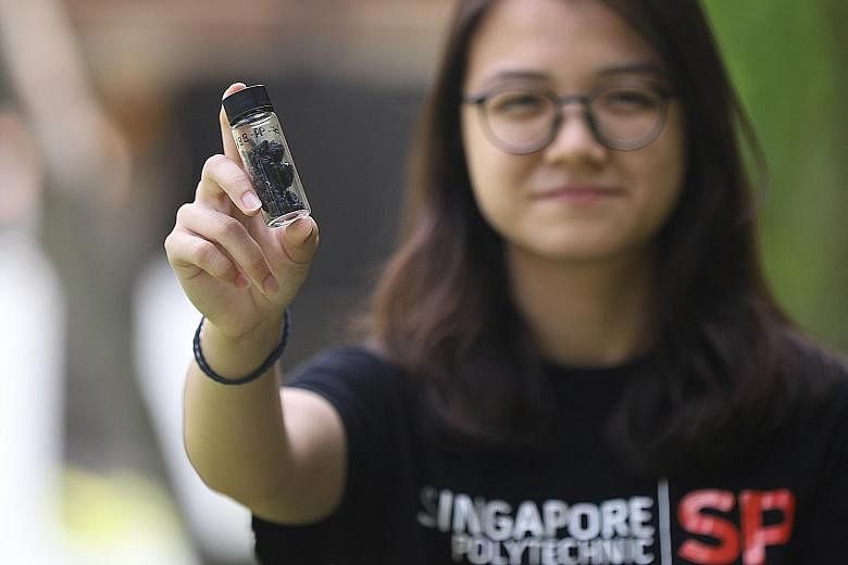 Singapore Polytechnic student Tan Li Yan with a sample of the asphalt material made from plastic waste that could last at least 20 per cent longer than regular asphalt. 