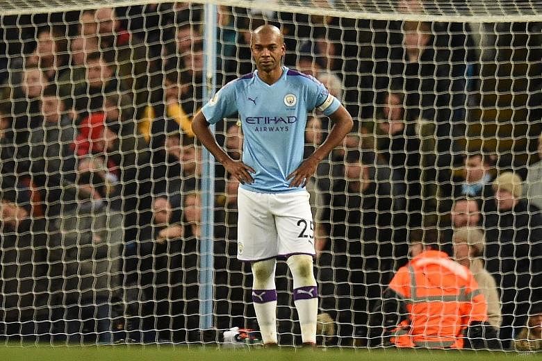Manchester City's Fernandinho is stunned after his own goal in added time of their 2-2 draw with Crystal Palace at the Etihad Stadium on Saturday. 
