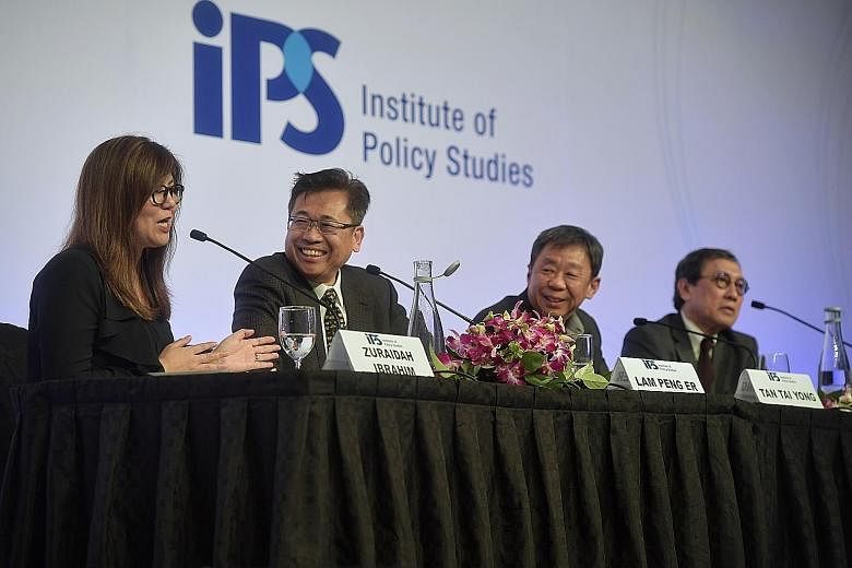 At yesterday's panel session on Singapore's political landscape were (from far left) South China Morning Post deputy executive editor Zuraidah Ibrahim; NUS senior research fellow Lam Peng Er; Yale-NUS College president Tan Tai Yong, who chaired the d
