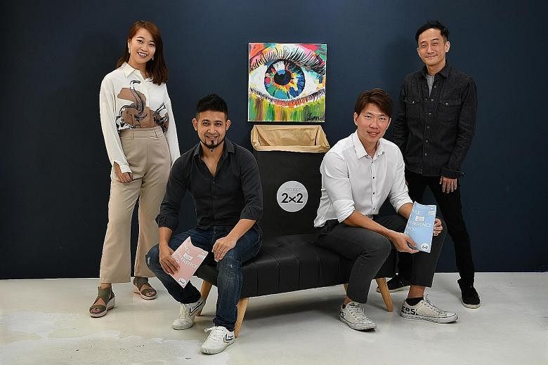 Above: Two Of A Kind co-founders Javad Namazie (seated, left) and Darryn Tan (standing) with Tay Paper Recycling's Mr Andrew Tay and contact lens user Candy Choo. Left: The free envelopes for blister packs.