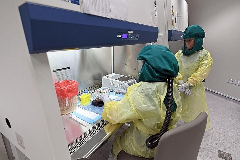 Laboratory technicians doing tests in the National Public Health laboratory at the National Centre for Infectious Diseases in Singapore. All suspected Wuhan cases will be sent straight to the centre, to nip the spread of the virus in the bud.