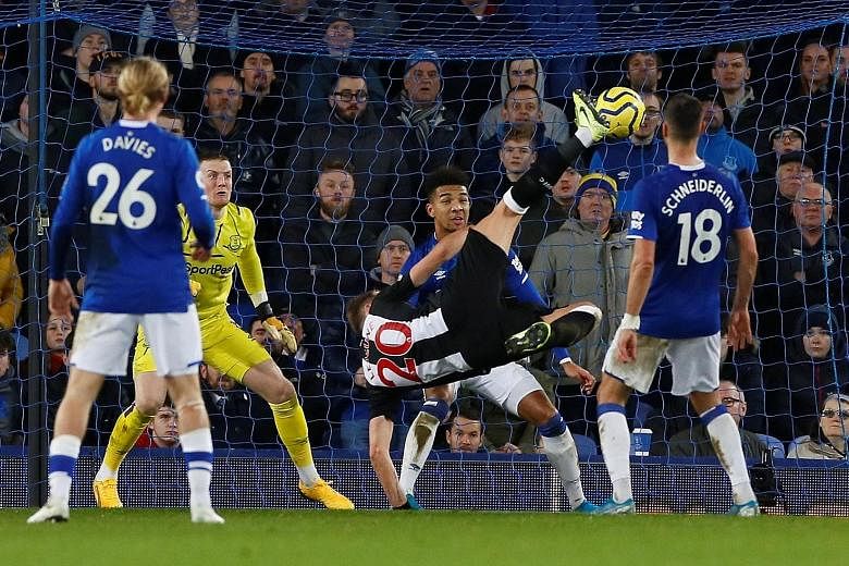 Newcastle centre-back Florian Lejeune scoring his first goal in three years. Just 102 seconds later, he netted against Everton again. PHOTO: REUTERS