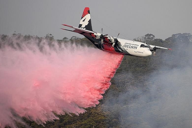 A New South Wales Rural Fire Service large air tanker dropping fire retardant on the Morton Fire burning in bush land close to homes in the Southern Highlands, some 165km south of Sydney, Australia, on Jan 10. PHOTO: EPA-EFE