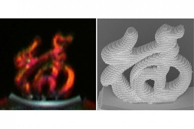 An optical micrograph (left) and a scanning electron micrograph 3D image of the Chinese character for “good luck”.
