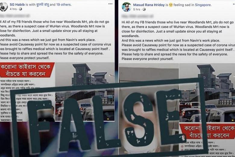 Two Facebook posts from different accounts falsely claimed that the Woodlands MRT station had to be shut down because of the virus. According to the writer, what was concerning was that in the absence of any update from the transport operator, fake n