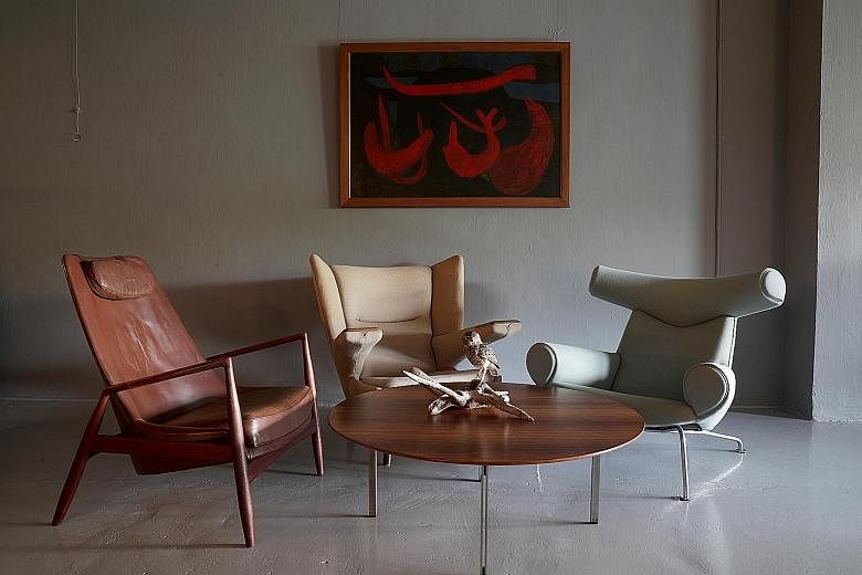 (From left ) The Seal Chair by Ib Kofod-Larsen ($38,000); the Hans Wegner Mega Papa Bear Chair ($48,000); and the Ox Chair ($20,000) by Hans Wegner. All from 1B2G Fine Vintage Furniture.