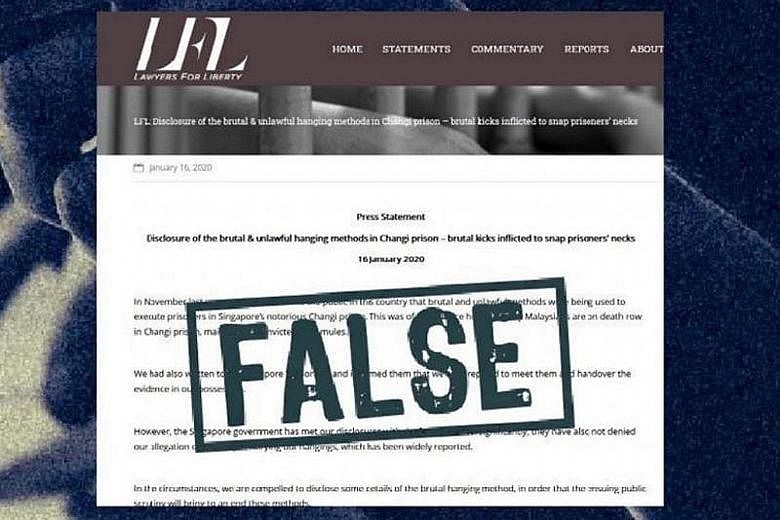 A screengrab from the Gov.sg website stating that the Lawyers for Liberty (LFL) statement is false. LFL was ordered to make a correction under the Protection from Online Falsehoods and Manipulation Act.