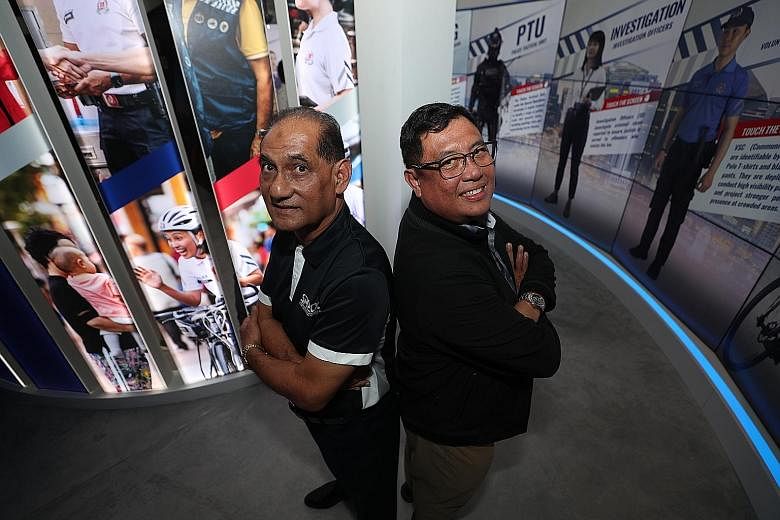 Mr Nasir Said (left), a retired Traffic Police officer, recalls waiting in cemeteries to ambush hell riders who raced their motorbikes in Lim Chu Kang. Supt Abdul Halim Osman (right), now with the Tanglin Police Division, remembers the case of One-Ey