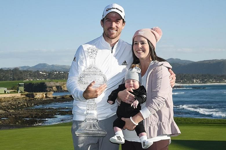 A happy family as Canadian Nick Taylor is joined by wife Andie and three-month-old son Charlie after winning the AT&T Pebble Beach Pro-Am in California on Sunday. Capturing his second PGA Tour title has earned him an invitation to the Masters at Augu