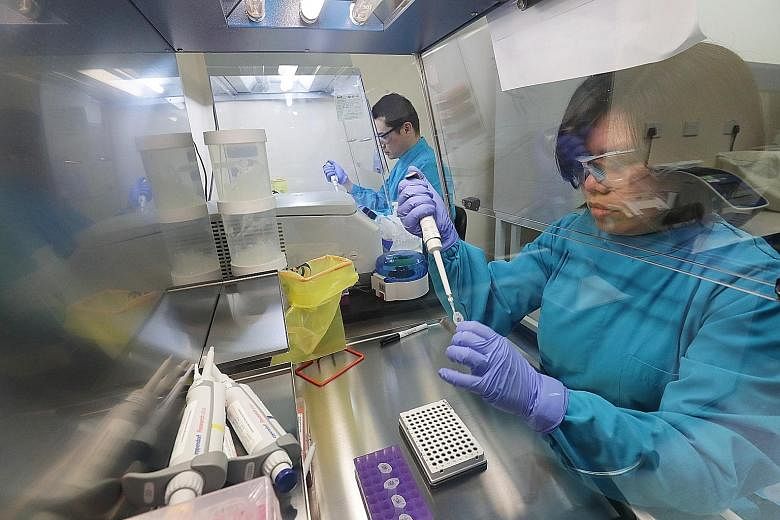 Laboratory technicians working on a diagnostic kit to test whether patients have the coronavirus at the Agency for Science, Technology and Research's Diagnostics Development Hub yesterday.