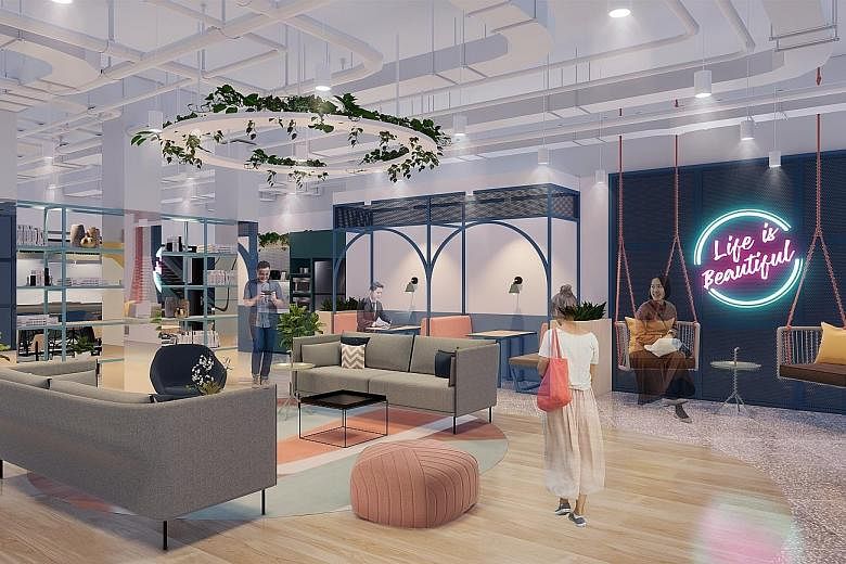 An artist's impression of the lounge area of co-working space operator JustCo's "smart" centre at The Centrepoint. The facility is expected to open in the third quarter of this year. PHOTO: JUSTCO