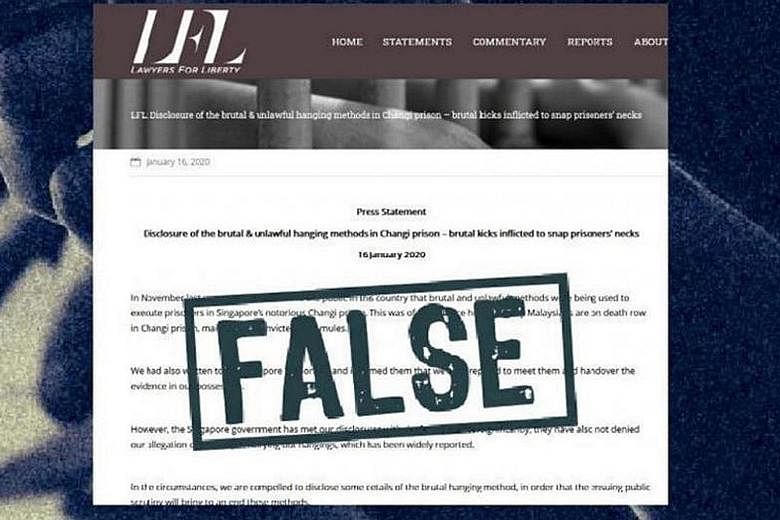 A screengrab from the Gov.sg website stating that the press statement by Malaysian NGO Lawyers for Liberty, which contained allegations by a former Singapore prison officer about executions, is false. Lawyer M. Ravi is representing two men who sought
