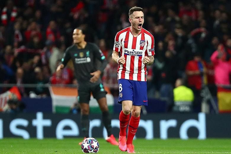 Atletico Madrid's Saul Niguez celebrating his goal in the Champions League last-16, first-leg clash against Liverpool at the Wanda Metropolitano. Atletico beat the champions 1-0 to set up a tantalising second leg at Anfield. PHOTO: REUTERS