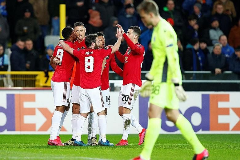 Manchester United are in the driver's seat of their Europa League last-32 tie after Anthony Martial (far left) equalised in the 1-1 draw with Club Brugge on Thursday. The second leg will be played at Old Trafford next week.