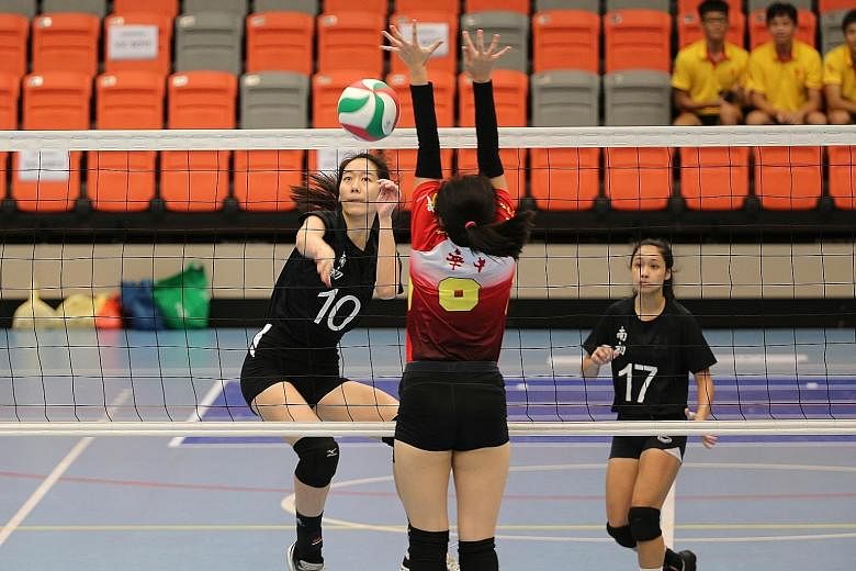 The Nanyang Junior College girls' volleyball team beating Hwa Chong Institution to win their fifth straight A Div title last year. Their hopes of extending the streak was hampered by the lack of sparring partners as their alumni were barred from returning