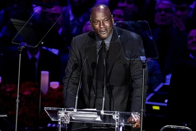 Clockwise, from left: Kobe Bryant's close friend Michael Jordan and his widow Vanessa were among those who spoke during the memorial at the Staples Centre, the home of the LA Lakers, where Bryant played for 20 seasons before retiring in 2016. A mural