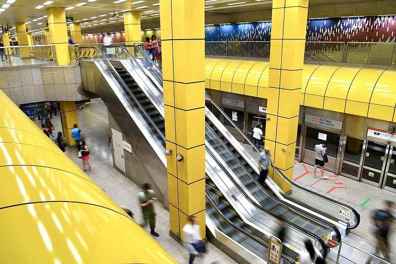 A double-volume space featuring a lofty ceiling is a hallmark of the Toa Payoh station.