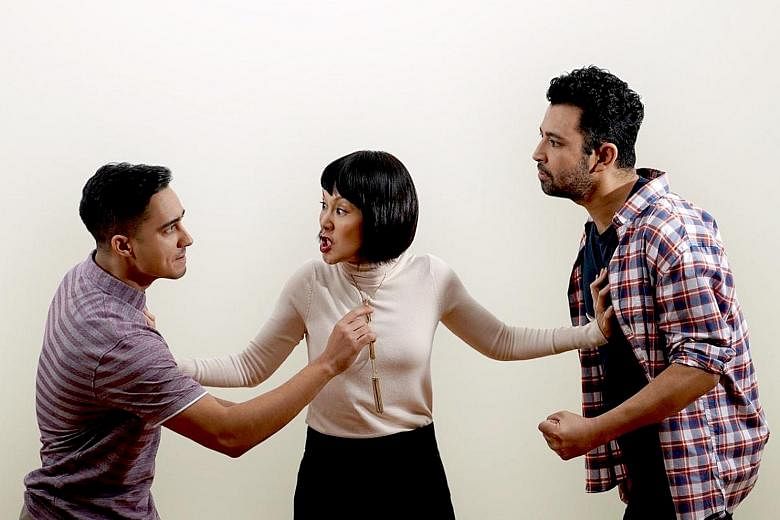(From left) Jamil Schulze, Janice Koh and Ghafir Akbar star in The Lifespan Of A Fact, a fast-moving and provocative play.