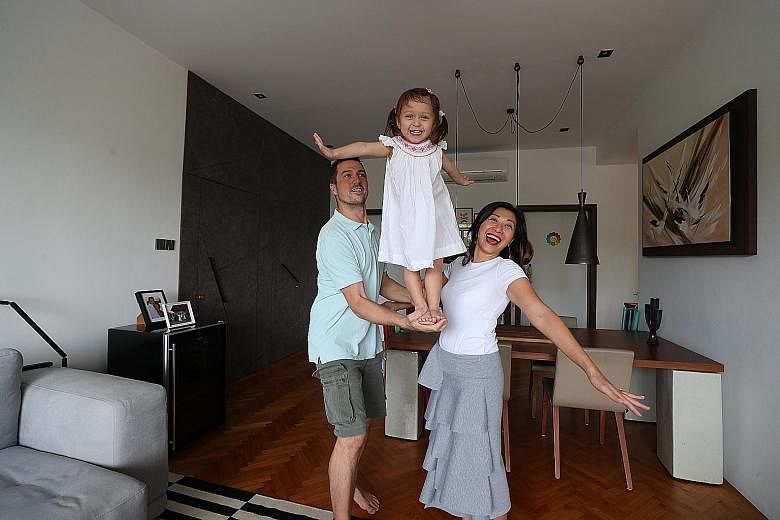 Ms Fiona Wong-Kautz with her husband Till Oliver Kautz and daughter Sophie Rae Kautz. “Each time I scour the property market, it’s like looking at possible canvases to rework and to beautify,” says the leadership development and executive coach, who has b