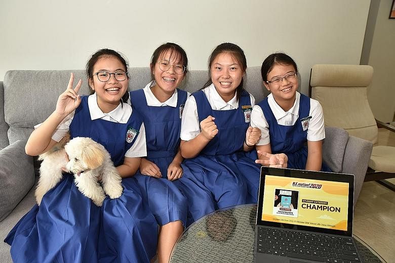 CHIJ St Nicholas Girls' School students (from left) Toh Jing Wen Venice, Chew Xuan Tong, Katriel Lee Xuan and Teo Xin Yue Lydia clinched first prize in their category of the annual N.E.mation! competition with a 30-second animated clip urging Singapo