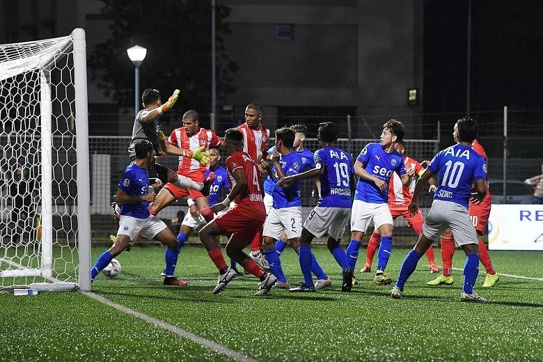 Tanjong Pagar's Brazilian defender Yann Motta (third from left) scoring the opening goal. Lion City Sailors equalised just before half-time but could not find the winner. ST PHOTO: KHALID BABA