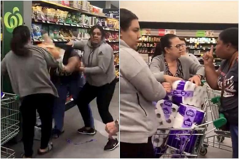 A video widely shared online shows three women pulling one another's hair and screaming as they struggle over a large pack of toilet rolls in the aisle of a grocery store in Sydney.