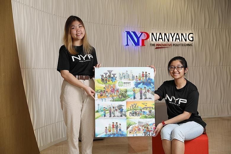Ms Feliza Ng (left) and Ms Quek Chew Hong were given the task of coming up with four cover illustrations relating to Singapore's economy and jobs, sustainability, strong partnerships in society and taking care of people, from the young to the old.