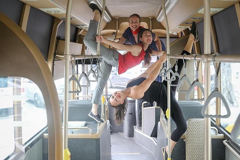 (From top) Dancers Lauren Carr, Adele Goh and Sacha Copland will perform in Back Of The Bus, part of the Arts In Your Neighbourhood series. ST PHOTO: ONG WEE JIN